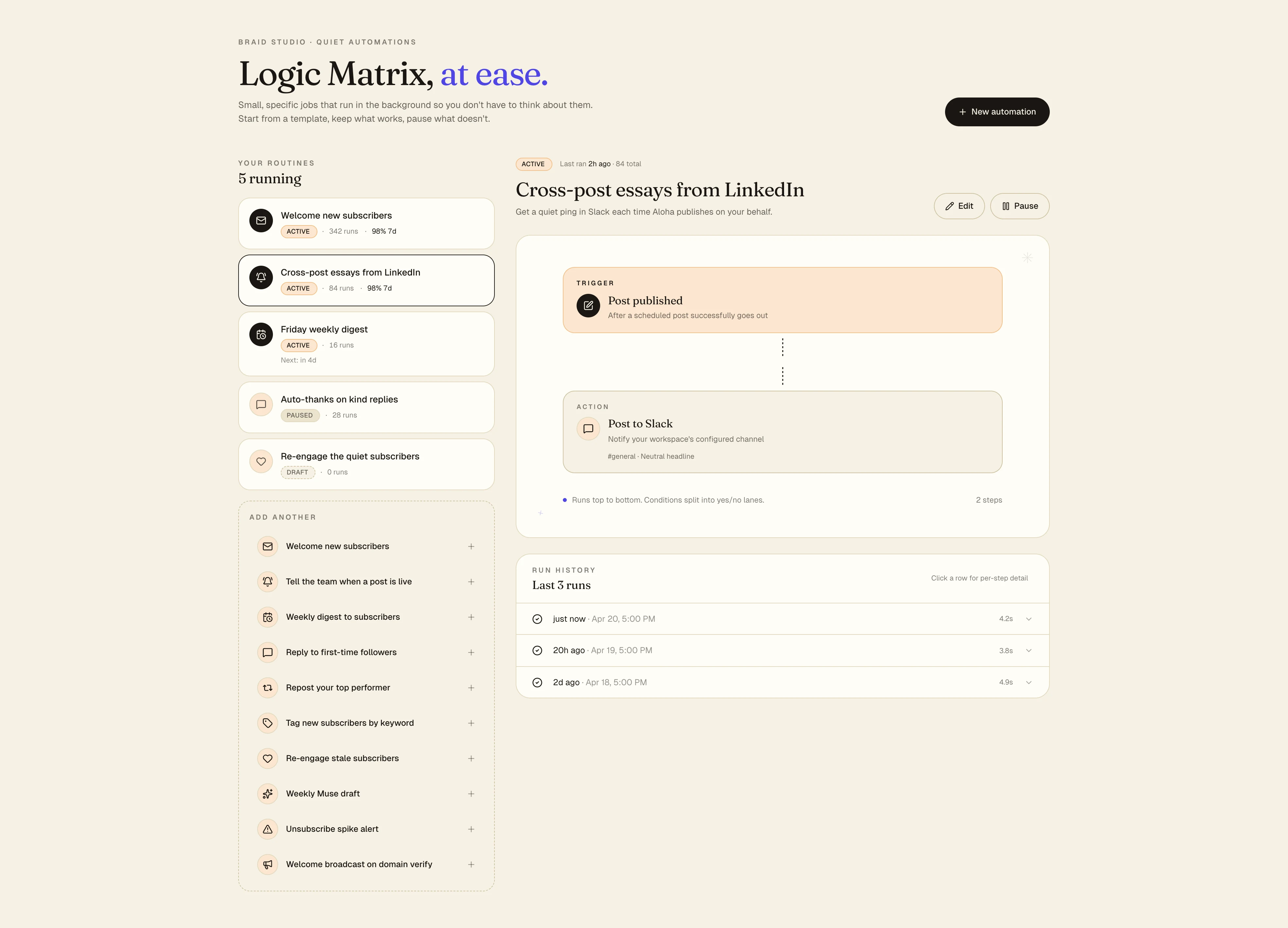 Aloha Logic Matrix builder — Reactflow canvas showing trigger, condition, and action nodes wired across channels with a human-approve chip.