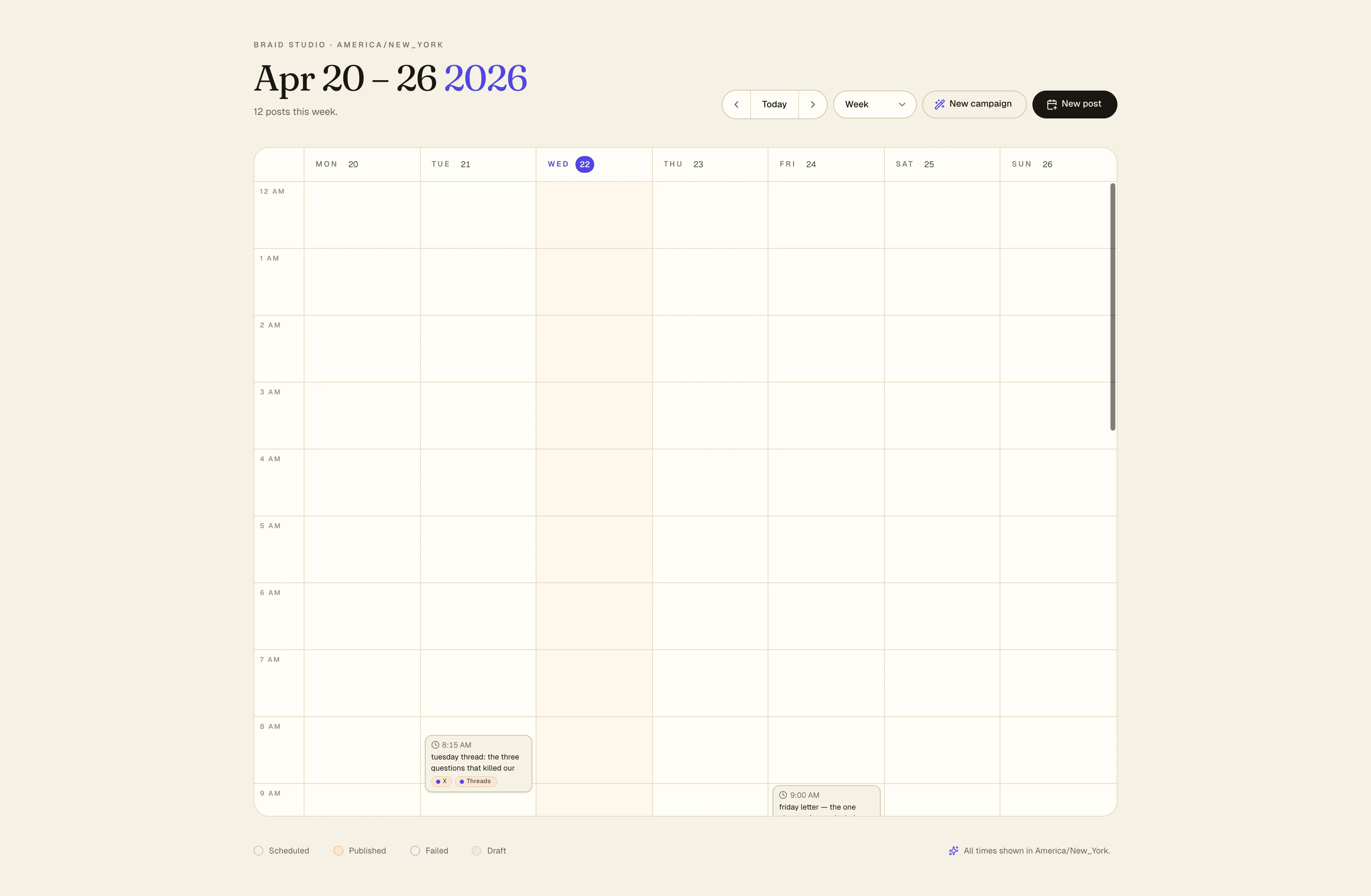 Aloha Calendar week view with twelve scheduled posts across seven columns, channel chips, and status indicators.