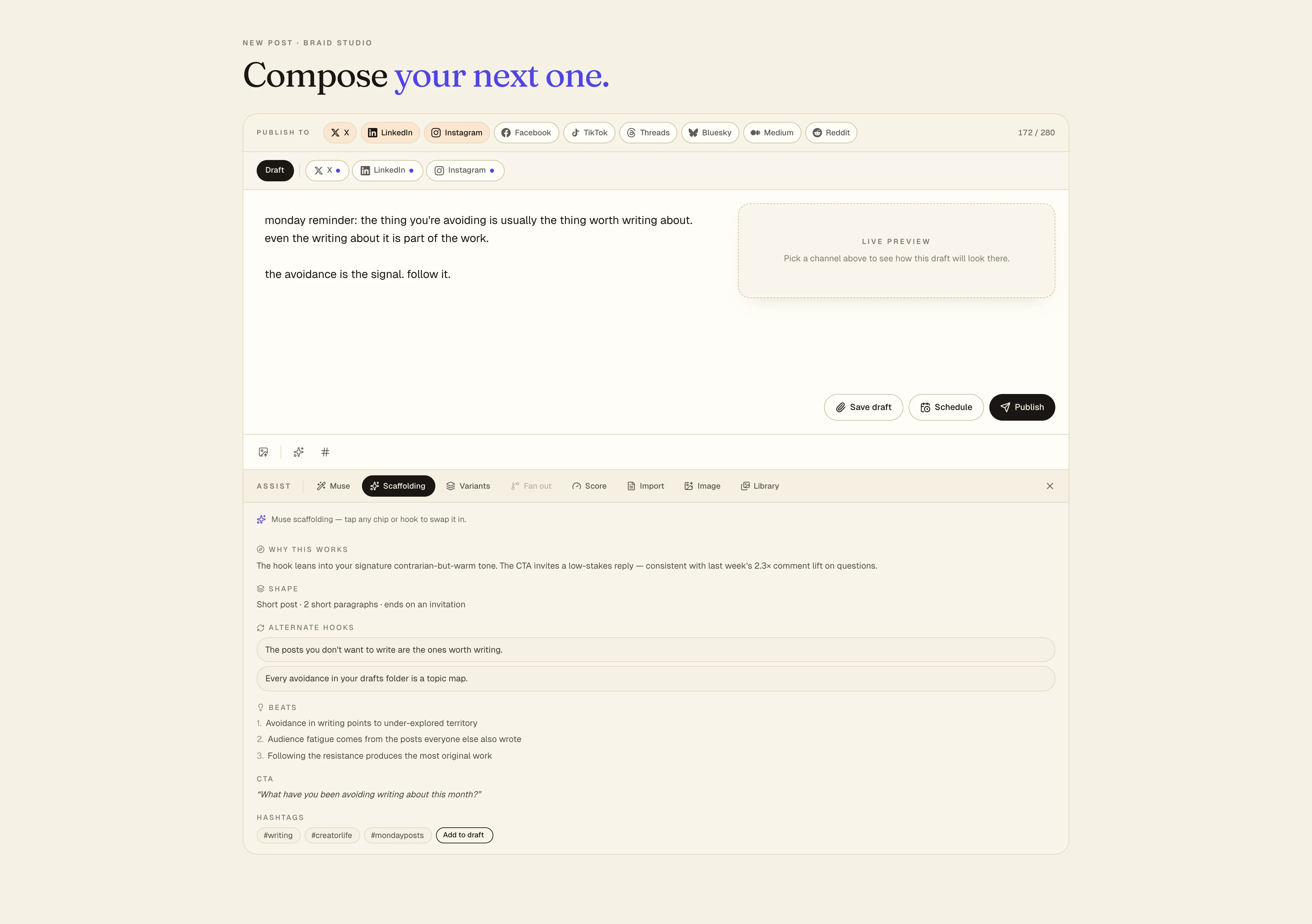Aloha Composer — a draft with Muse voice-match score and native rewrites for LinkedIn, X, and Instagram.