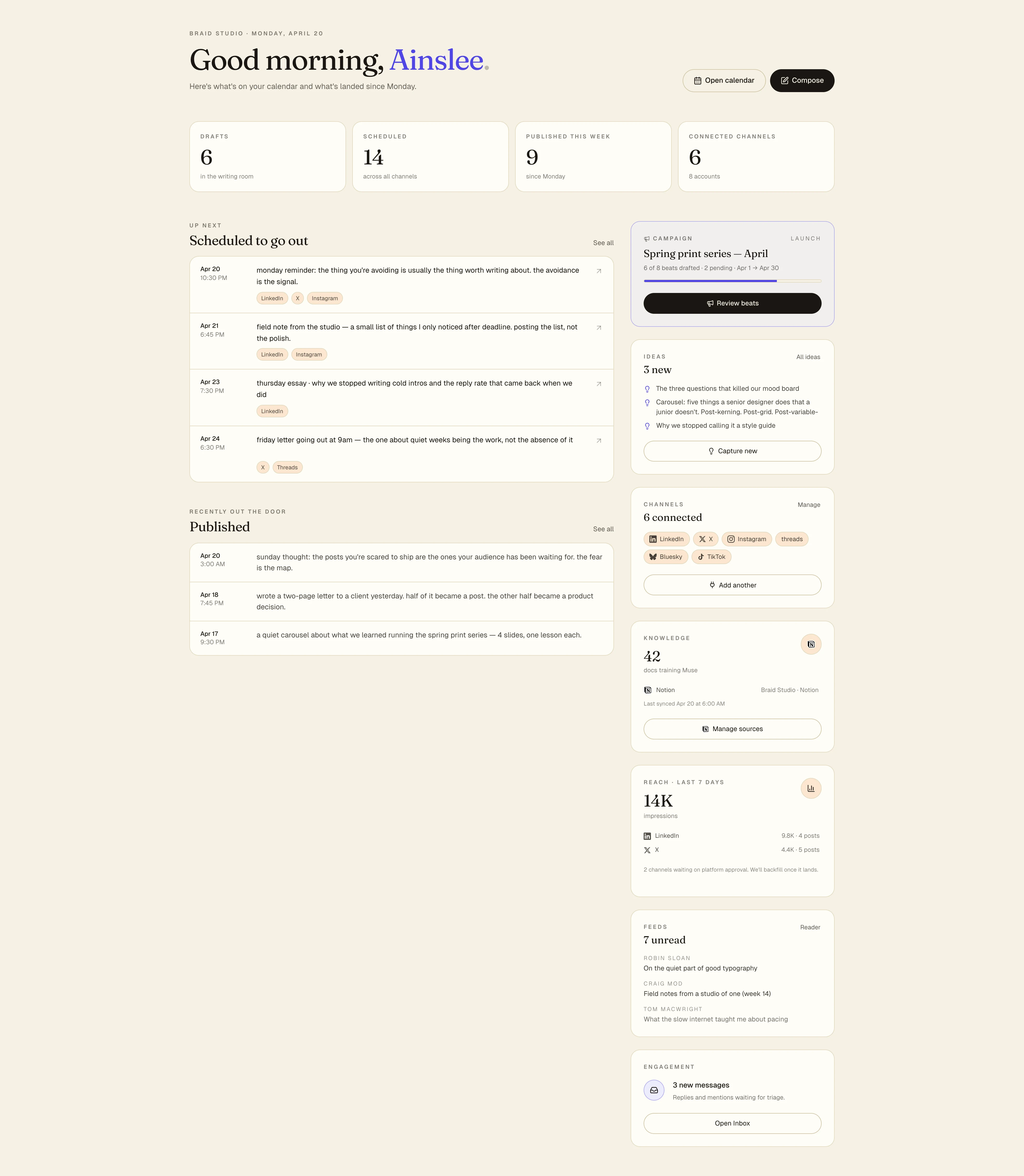 Aloha Dashboard — stats row, scheduled posts list, and sidebar cards for ideas, channels, knowledge, reach, feeds, and engagement.