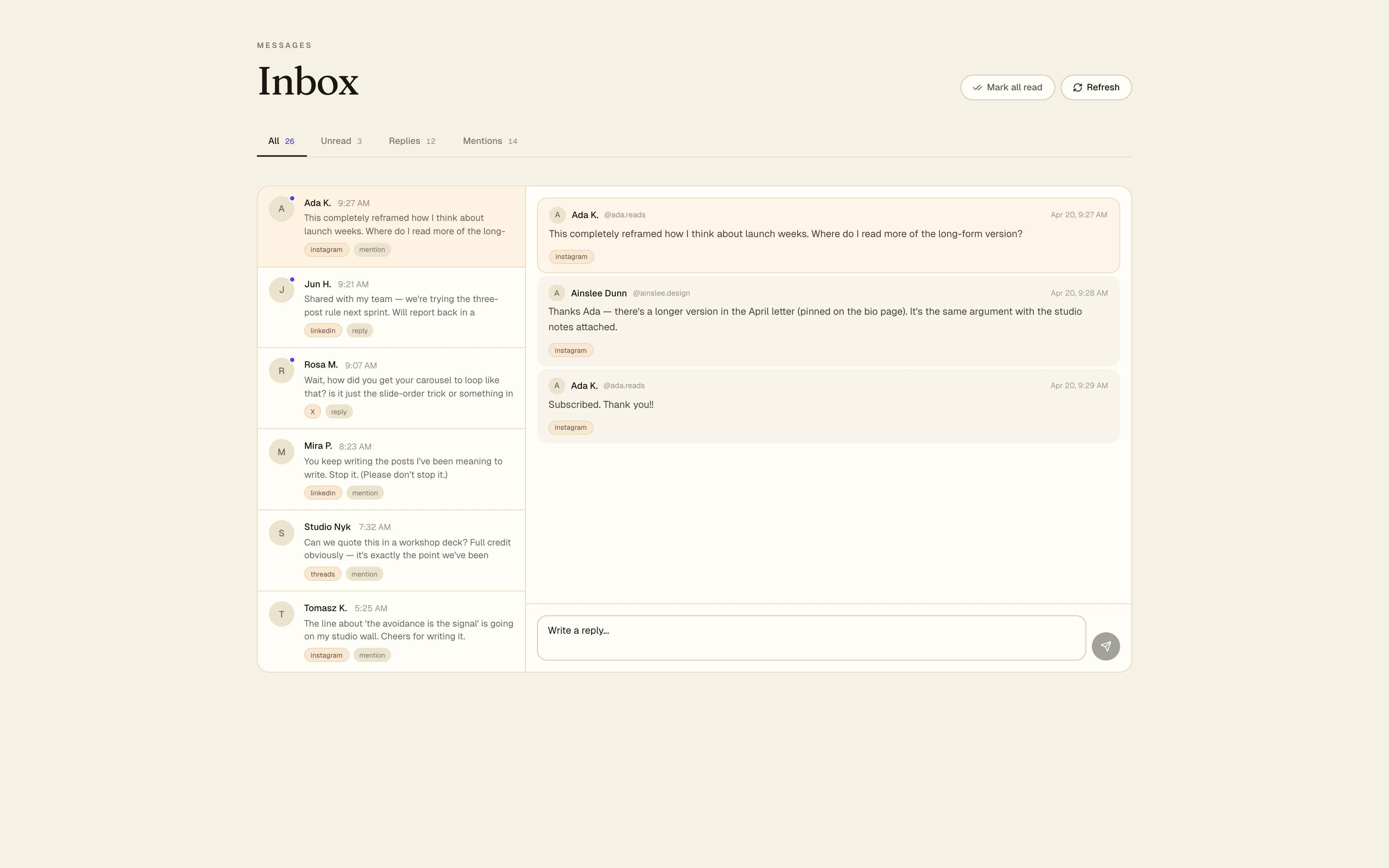 Aloha Inbox — unified comments, DMs, and mentions across Instagram, LinkedIn, X, and Threads in one list.