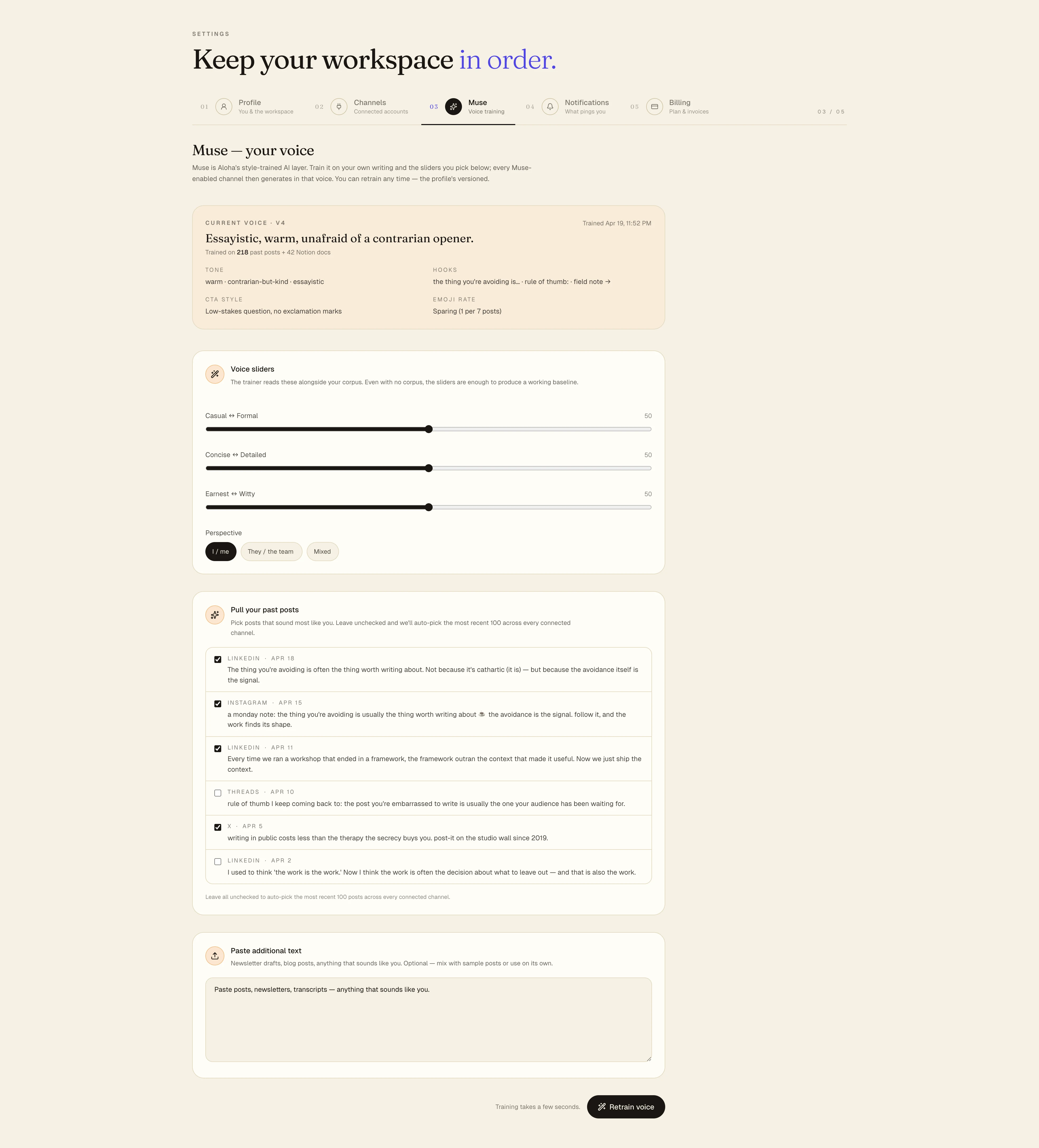 Aloha Muse settings — trained-on count, sample posts with use/ignore toggles, and tone sliders for formality, detail, and wit.